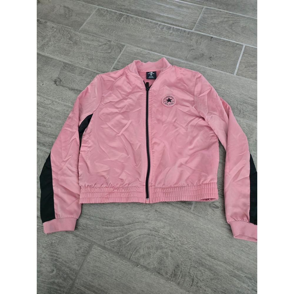 Converse Girls Pink Bomber Jacket Sleeves Logo‎ Lightweight Coat Satin Medium